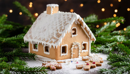 Beautifully decorated gingerbread house with white icing details surrounded by pine branches and warm bokeh lights. Perfect for Christmas marketing, holiday baking content, festive greeting cards.の素材