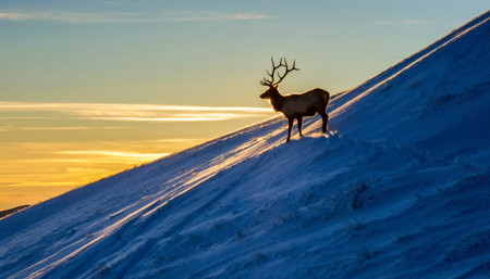 Stunning elk silhouette with impressive antlers positioned on snow-covered mountain slope against warm golden sunrise sky. Perfect for wildlife, nature, and outdoor adventure marketing.の素材