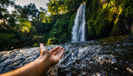 Intimate perspective of human hand extended toward pristine waterfall in lush tropical forest. Sunbeams create magical sparkles on flowing water.の素材