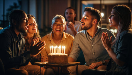 Group of multicultural young adults singing and celebrating birthday with cake and candles in cozy indoor setting. Warm candlelight creates intimate atmosphere perfect for lifestyle marketing.の素材