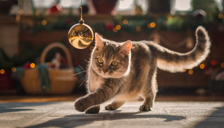 Playful striped kitten stretching toward shiny holiday decoration with bokeh lights creating magical atmosphere. Perfect for seasonal marketing, pet care brands, and holiday greeting cards.の素材