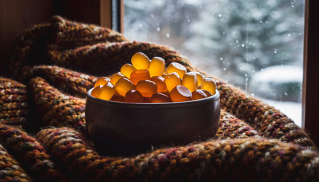 Golden vitamin C supplement gummies in dark ceramic bowl on textured wool blanket. Soft natural lighting from snowy window creates warm, cozy atmosphere for wellness lifestyle content.の素材