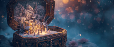 Whimsical miniature winter wonderland housed within decorative jewelry box, featuring snow-covered houses, pine trees, and warm golden lights against dreamy bokeh backgroundの素材