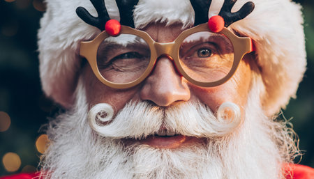 Jolly Santa Claus wearing quirky reindeer antler glasses, winking playfully with elaborately curled mustache. Perfect for Christmas marketing, holiday cards, festive advertising campaigns.の素材