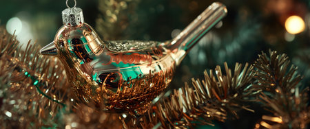 Elegant vintage-style glass bird Christmas ornament with metallic finish resting on golden tinsel garland, illuminated by warm bokeh lights creating festive atmosphereの素材