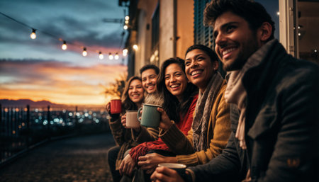 Five multicultural friends enjoying hot drinks together on cozy porch at sunset with string lights creating magical atmosphere. Perfect for friendship, community, and lifestyle content.の素材