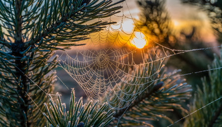 Delicate frost-covered spider web stretched between evergreen pine needles, illuminated by golden sunrise. Perfect for nature, winter, and seasonal content with beautiful backlighting.の素材