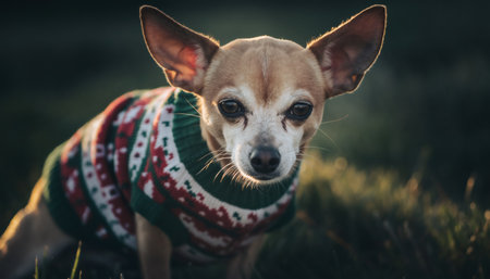 Small chihuahua dog dressed in colorful Christmas sweater with traditional holiday patterns. Warm golden hour lighting creates beautiful rim light effect. Perfect for holiday marketing campaigns.の素材