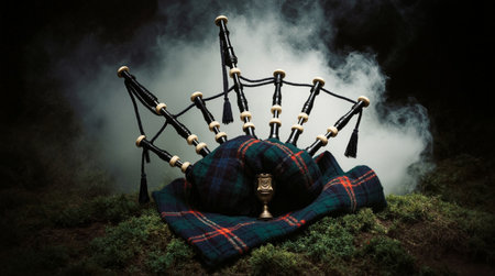 Authentic Highland bagpipes displayed on classic tartan cloth against mossy ground with atmospheric smoke effects. Perfect for cultural heritage, music, Scottish tourism, and traditional Celtic...の素材