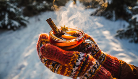 Hands wearing vibrant patterned wool mittens hold hot mulled tea with cinnamon and star anise. Steam rises dramatically in cold winter air with snow-covered evergreens creating cozy seasonal...の素材