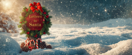 Whimsical holiday scene featuring decorated Santa mailbox with evergreen wreath, red bow, and candy canes surrounded by pristine snow and twinkling lights, perfect for Christmas marketingの素材