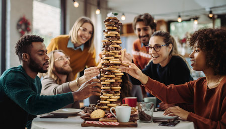 Happy diverse group carefully constructing precarious tower of chocolate sandwich cookies in cozy cafe setting. Perfect for teamwork, friendship, holiday celebrations, and social dining concepts.の素材