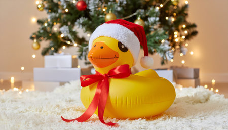 Adorable yellow rubber duck decorated with Santa hat and red ribbon bow positioned on white fluffy rug under illuminated Christmas tree with presents, perfect for holiday marketingの素材
