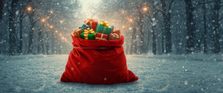 Magical Christmas scene featuring red velvet Santa bag bursting with wrapped presents in mystical snow-covered woodland. Perfect for holiday marketing, seasonal campaigns, greeting cards.の素材