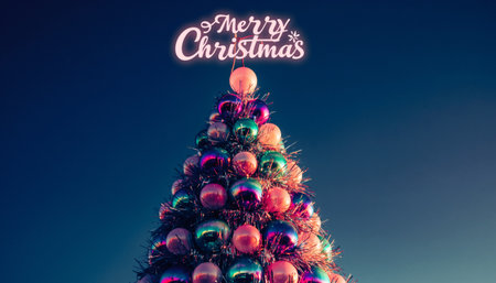 Vibrant retro-futuristic Christmas tree featuring iridescent baubles, colorful lighting effects, and glowing Merry Christmas text. Perfect for holiday campaigns, festive designs.の素材