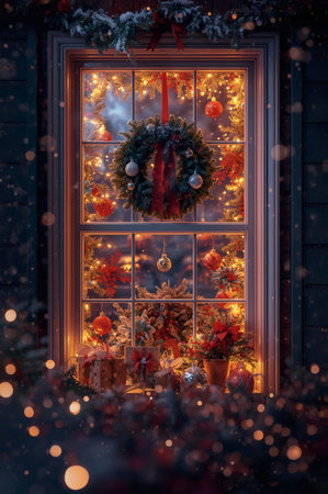 Magical holiday window display featuring illuminated Christmas wreath, warm golden lights, red ribbon, and ornaments. Perfect for seasonal marketing, greeting cards, and festive campaigns.の素材