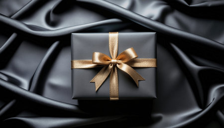 Sophisticated present wrapped in charcoal paper with metallic gold bow, artfully arranged on luxurious dark silk backdrop. Perfect for premium holiday marketing campaigns.の素材