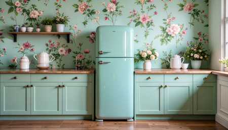 Elegant retro kitchen interior with sage green cabinetry, vintage mint refrigerator, pink floral wallpaper, white ceramic teapots and fresh flowers creating cozy domestic atmosphereの素材