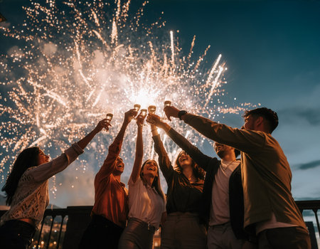 Group of diverse young adults toasting with champagne flutes against spectacular fireworks backdrop. Perfect for New Year, party, celebration, friendship, and festive marketing campaigns.の素材