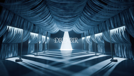Luxurious theatrical stage with flowing blue curtains, hanging icicle props, and dramatic lighting. Perfect for winter events, holiday productions, and seasonal marketing campaigns.の素材