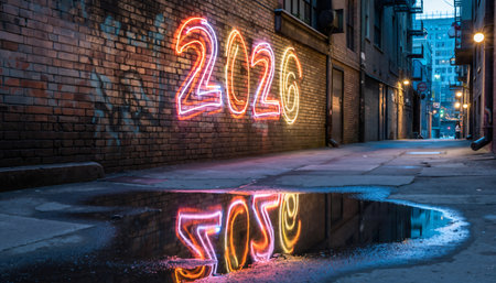 Vibrant neon 2026 sign on brick wall reflects in street puddle. Perfect for New Year campaigns, future planning concepts, urban lifestyle content, and digital marketing materials.の素材