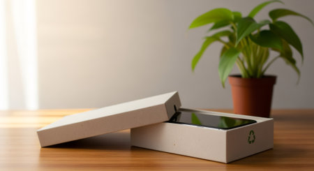 Modern green technology concept featuring opened recycled phone packaging on wooden desk with houseplant. Perfect for sustainable business, eco-friendly tech marketing, and environmental...の素材