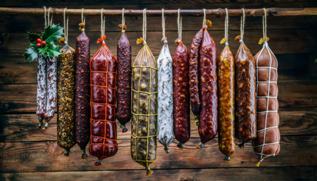 Variety of handcrafted salamis and cured sausages suspended from wooden beam in traditional butcher shop setting. Perfect for culinary, food industry, and gastronomic content.の素材