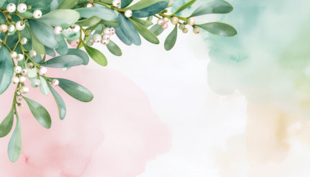 Elegant watercolor illustration featuring mistletoe sprigs with white berries and sage green leaves. Gentle blush and mint gradient background with calming typography message.の素材