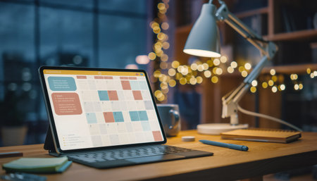 Modern tablet showing organized calendar layout with colorful blocks on cozy workspace. Warm bokeh lights, desk lamp, and stylus create productive atmosphere. Perfect for productivity apps.の素材