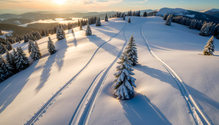 Breathtaking aerial view of snow-covered mountain slopes with winding ski tracks through pristine powder. Snow-laden evergreen trees dot the landscape under warm sunset light.の素材