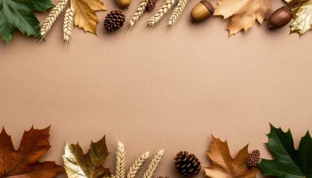 Seasonal border composition featuring wheat sheaves, colorful fall foliage, pine cones and acorns arranged around neutral space.の素材