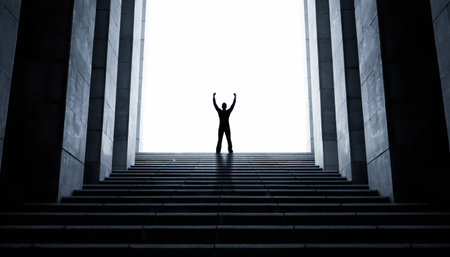 Powerful conceptual image showing person with raised arms in victory pose on stairs between towering concrete columns. Perfect for success, achievement, and motivation content.の素材