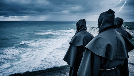 Cinematic image of three robed figures standing on coastal cliff overlooking turbulent sea with lightning. Perfect for spiritual, religious, or atmospheric commercial projects.の素材