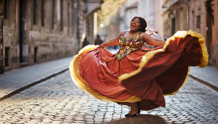 Joyful plus-size woman spinning in vibrant orange and yellow traditional gown on European cobblestone street. Perfect for cultural celebration, body positivity, and lifestyle campaigns.の素材