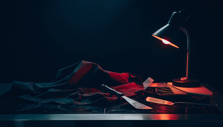 Atmospheric kitchen scene with vintage desk lamp casting warm red glow over cooking utensils and linens. Dark, cinematic lighting creates dramatic shadows perfect for culinary or lifestyle content.の素材