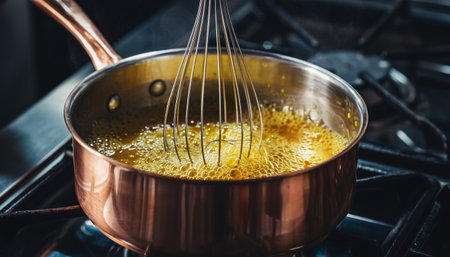 Professional culinary close-up showcasing golden emulsified sauce with wire whisk in copper cookware. Perfect for cooking blogs, recipe content, chef training materials, and gourmet food marketing.の素材