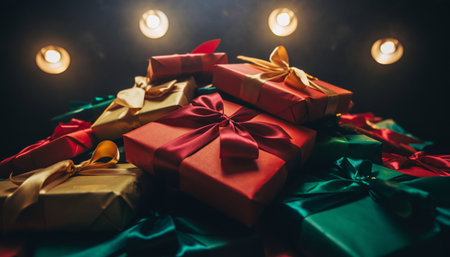 Elegant collection of colorful wrapped presents in red, gold and green with luxurious satin bows under atmospheric lighting. Perfect for holiday marketing, seasonal campaigns and celebration themes.の素材