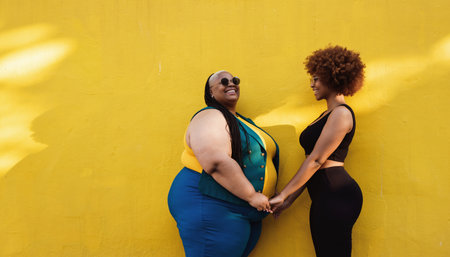 Diverse female friends holding hands in stylish athletic wear against bright yellow background. Perfect for body positivity campaigns, wellness brands, friendship concepts, and inclusive lifestyle...の素材