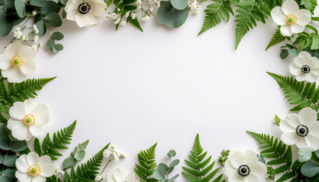 Fresh spring botanical frame featuring white anemone flowers, eucalyptus leaves, and ferns arranged as decorative border with clean white center space for text or design elementsの素材