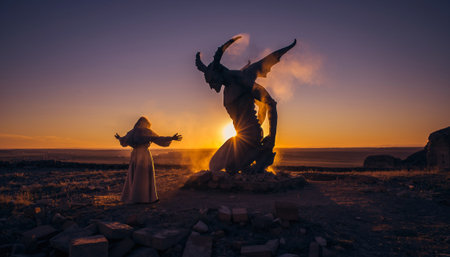 Cinematic scene of robed monk observing mystical winged figure emerging from rocky outcrop at sunset. Dramatic lighting creates powerful spiritual atmosphere for religious, fantasy concepts.の素材