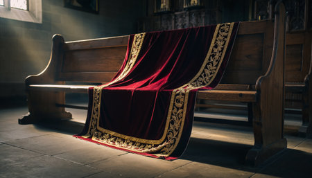 Luxurious ecclesiastical vestment featuring rich burgundy velvet fabric and intricate gold embroidered trim, ceremonially displayed on traditional wooden church pew with dramatic ambient lightingの素材