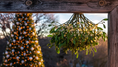 Vibrant green mistletoe hanging from weathered wood beam, illuminated Christmas tree lights creating warm bokeh background, perfect for holiday marketing and seasonal contentの素材