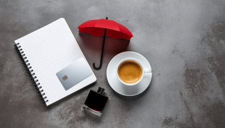 Stylish flat lay arrangement of city travel items including red umbrella, espresso cup, spiral notebook with transit card, and black perfume bottle on textured concrete backgroundの素材