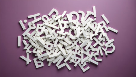 Abstract composition of jumbled white letter cutouts in bold sans serif style scattered randomly across soft purple gradient surface. Perfect for education, communication, and design concepts.の素材