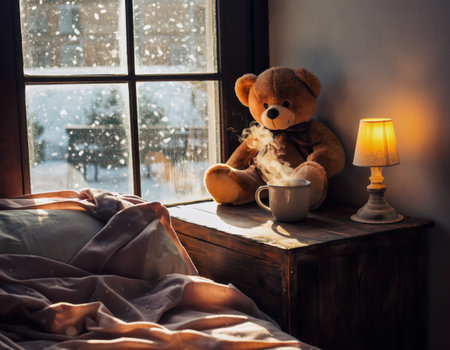Serene recovery scene with soft blankets, cuddly brown teddy bear, warm lamp glow, and hot beverage on wooden nightstand while snow falls outside window. Perfect for wellness and comfort themes.の素材