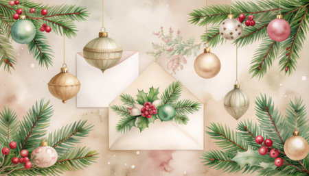 Elegant holiday postcard design featuring ornate baubles, pine branches, holly berries, and envelope in muted sepia, olive, and rose watercolor palette for festive marketingの素材