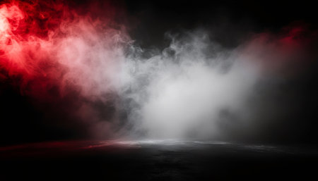 Striking atmospheric scene with vibrant red and white smoke clouds swirling above dark charcoal surface. Perfect for dramatic backgrounds, product displays, or artistic projects.の素材