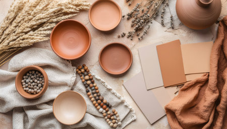 Warm terracotta pottery, wooden beads, dried grasses and neutral linen create rustic artisan flatlay. Perfect for home decor, craft branding, natural lifestyle content and handmade product marketing.の素材