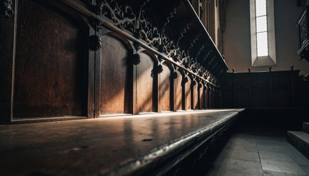 Intricately carved wooden choir stalls in atmospheric chapel setting with dramatic natural lighting streaming through windows, showcasing medieval craftsmanship and religious architectureの素材