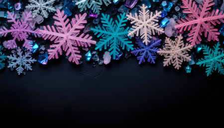 Stunning winter border featuring colorful holographic snowflakes in pink, blue, and turquoise with sparkling ice crystals and gems on dark background. Perfect for holiday designs.の素材